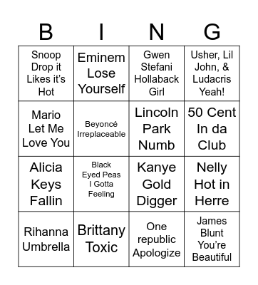 Top 2000’s Songs Bingo Card