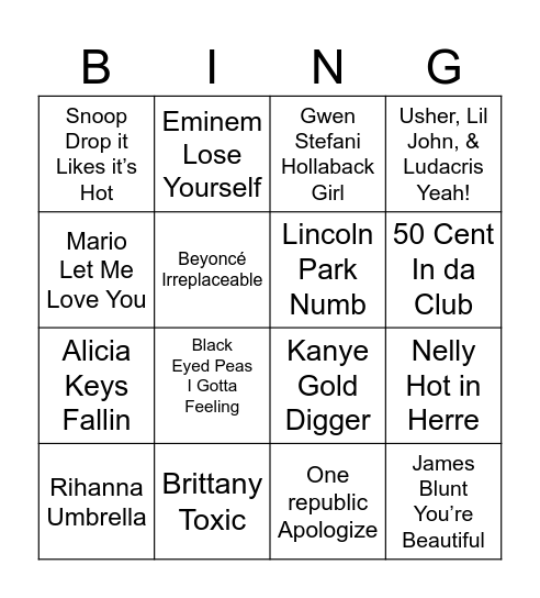 Top 2000’s Songs Bingo Card