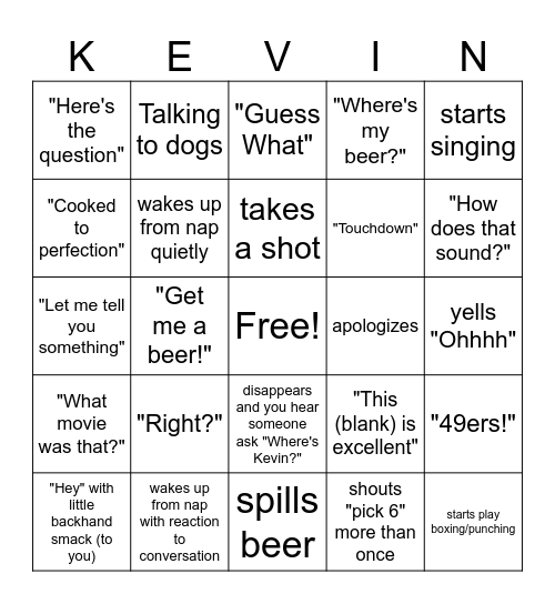 Drunkle Kevin Bingo Card