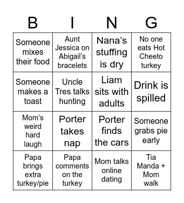 Thanksgiving Dinner Bingo Card
