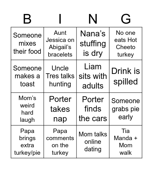 Thanksgiving Dinner Bingo Card