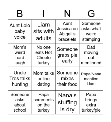 Thanksgiving Dinner Bingo Card