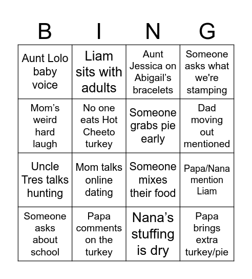Thanksgiving Dinner Bingo Card