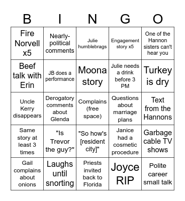 Hannon Family Bingo Card