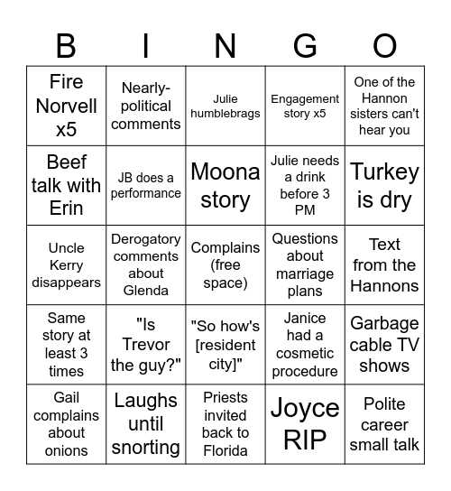 Hannon Family Bingo Card