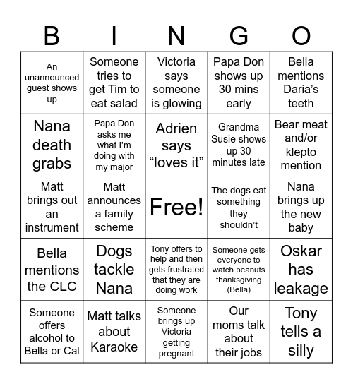 Capraro Thanksgiving Bingo Card
