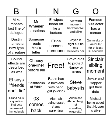Stranger Things Bingo Card