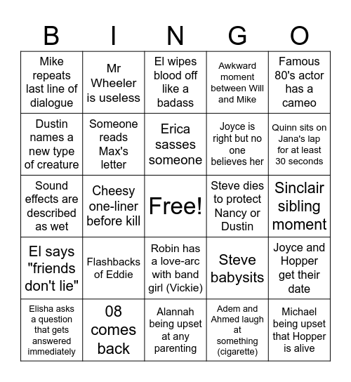 Stranger Things Bingo Card