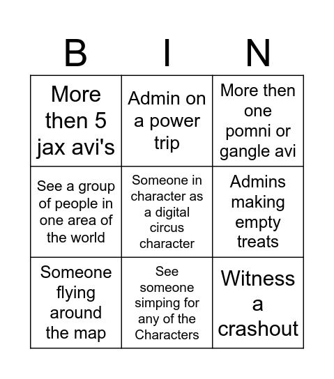 The digital circus bingo card Bingo Card