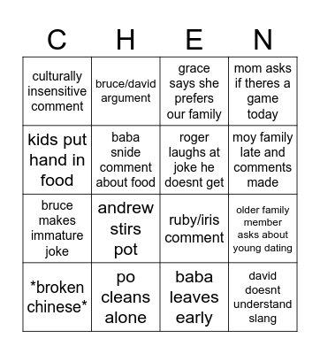 family bingo Card