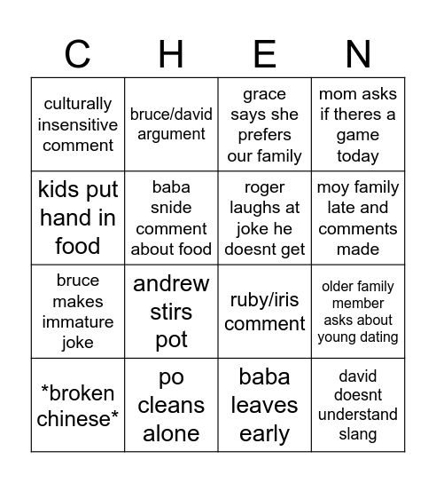 family bingo Card