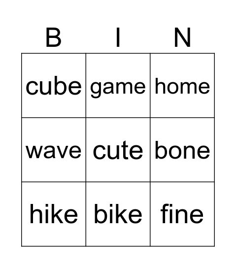 MAGIC E Bingo Card