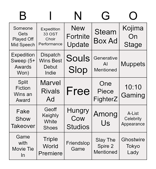 Game Awards bingo card Bingo Card