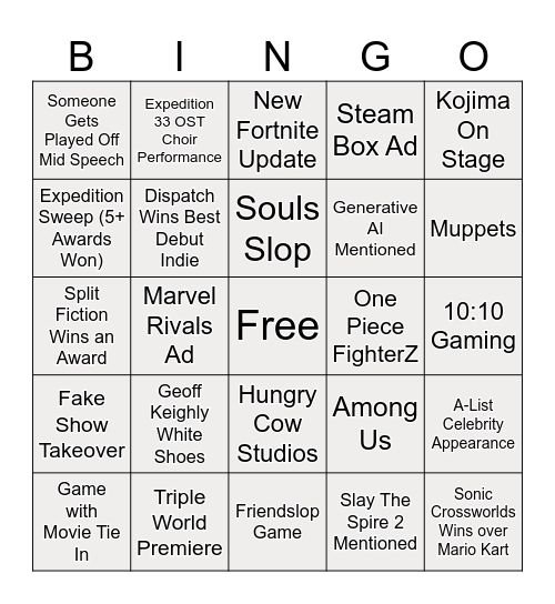 Game Awards bingo card Bingo Card