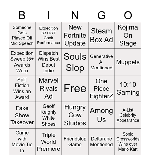 Game Awards bingo card Bingo Card
