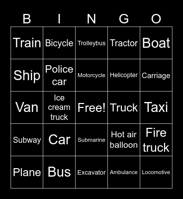 Vehicles sounds Bingo Card
