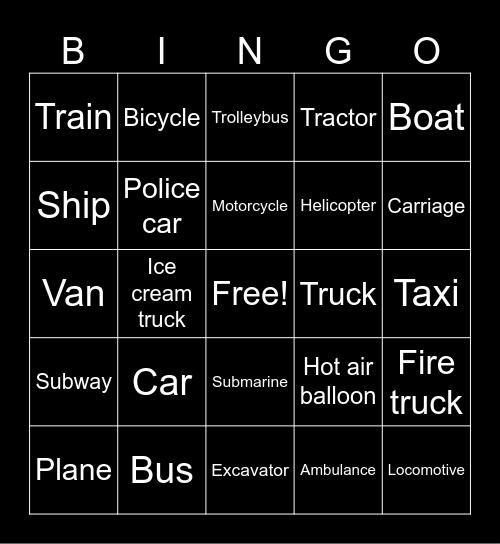 Vehicles sounds Bingo Card