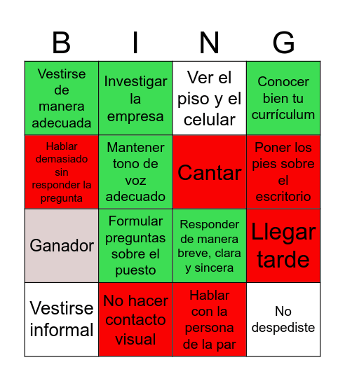 entrevista laboral exitosa Bingo Card