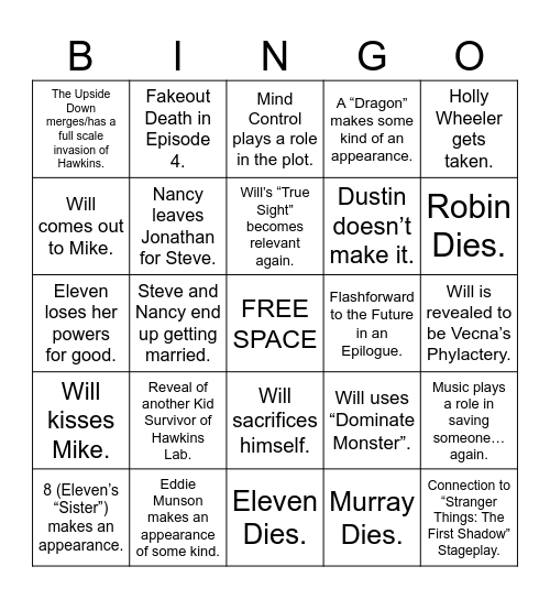 Stranger Things Season 5 Bingo Card
