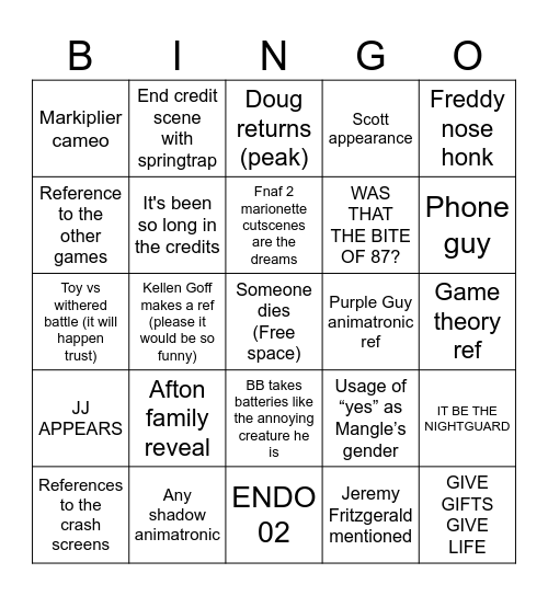 Fnaf 2 movie Bingo Card