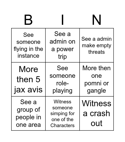 Digital circus Bingo Card