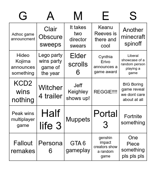 Game Awards Bingo Card