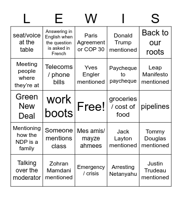 NDP Leadership Debate Bingo Card