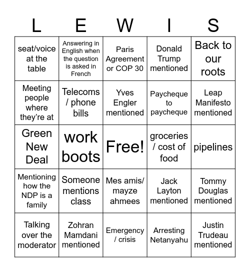 NDP Leadership Debate Bingo Card