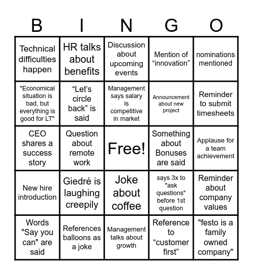 Townhall Bingo! Bingo Card