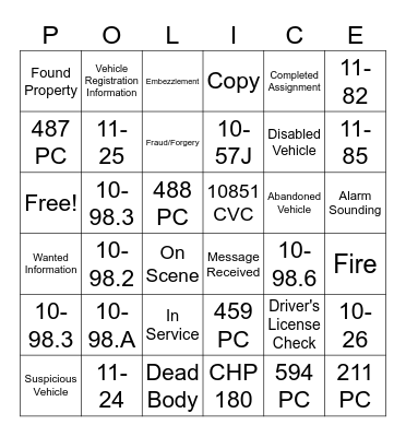 Police Trivia Bingo Card
