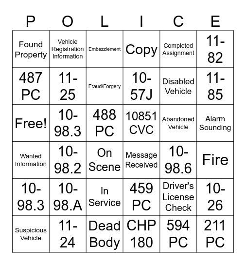 Police Trivia Bingo Card