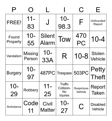 Police Trivia Bingo Card