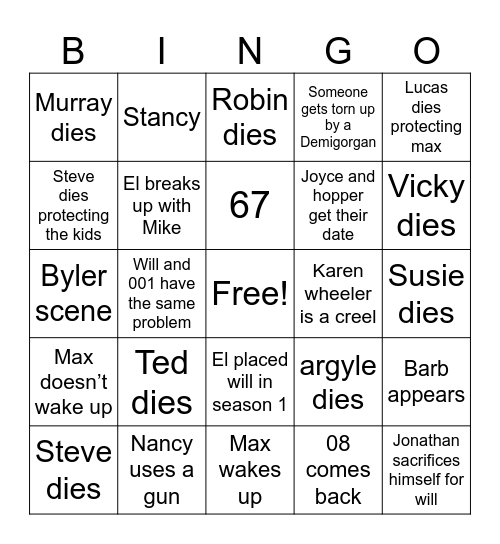 Stranger things 5 Bingo Card