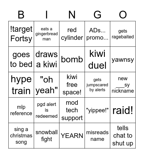 FORTSY CHRISTMAS SUBATHON Bingo Card