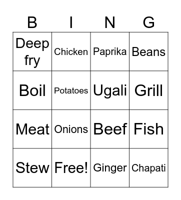 Kenyan food Bingo Card