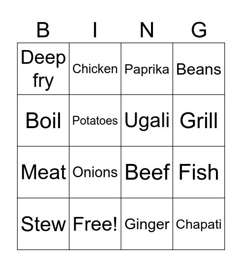 Kenyan food Bingo Card