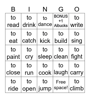 Action verbs Bingo Card