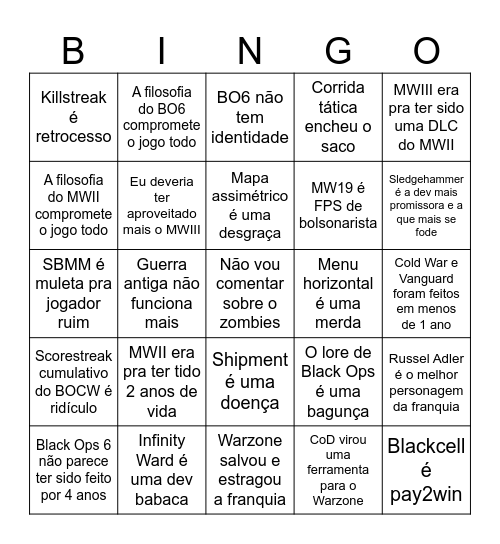Bingo AHAB falando de Call of Duty Bingo Card