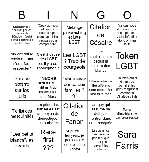 Comment être réac mais de manière woke Bingo Card