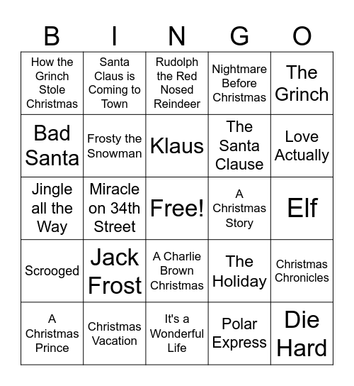 Holiday Movie Bingo Card