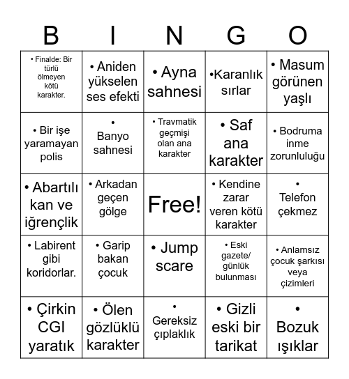 Korku Filmi Bingo Card