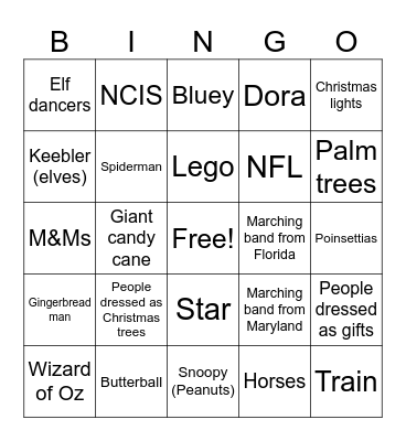 Thanksgiving Day Parade Bingo Card