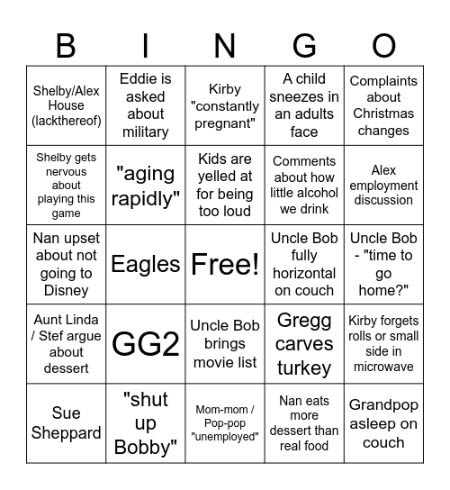 "Shelby's Idea to Hurt Everone's Feelings" Thanksgiving 2025 Bingo Card
