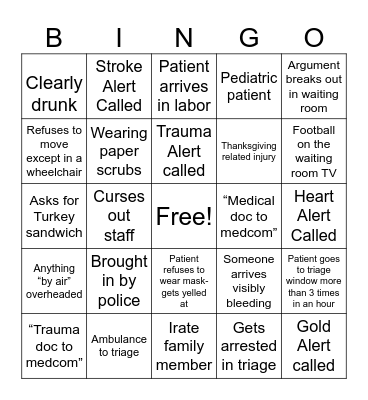 ER Waiting Room Bingo Card