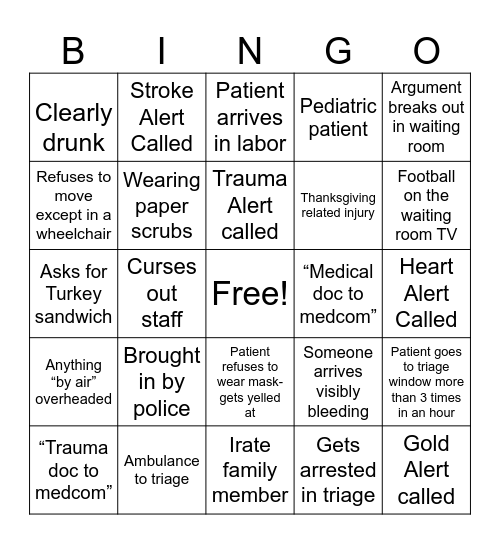 ER Waiting Room Bingo Card