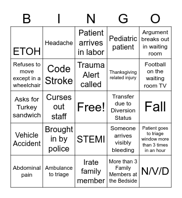 ER Waiting Room Bingo Card