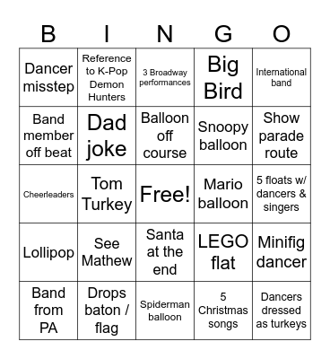 Macy's Day Parade Bingo Card