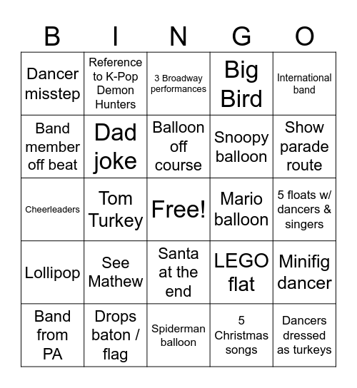 Macy's Day Parade Bingo Card