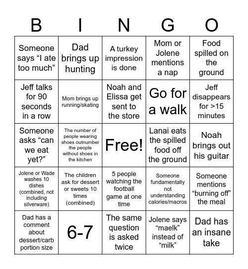 Thanksgiving BINGO Card
