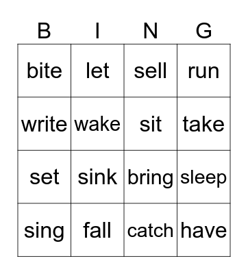 Irregular Verbs Bingo Card